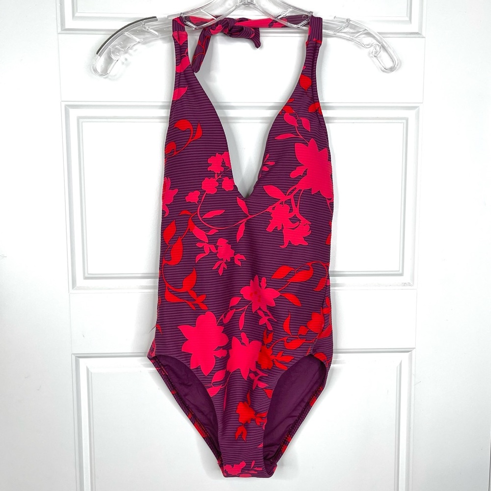 SEAFOLLY Florence Plunge Floral Halter One Piece Swimsuit NEW Size US 4 Red